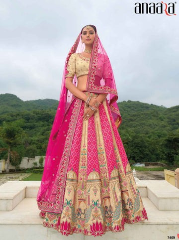 Beautiful Traditional Designer Elegant Cream Embroidery Work Cut Work Zari Kanjivaram With Bandej Lehenga - 7409